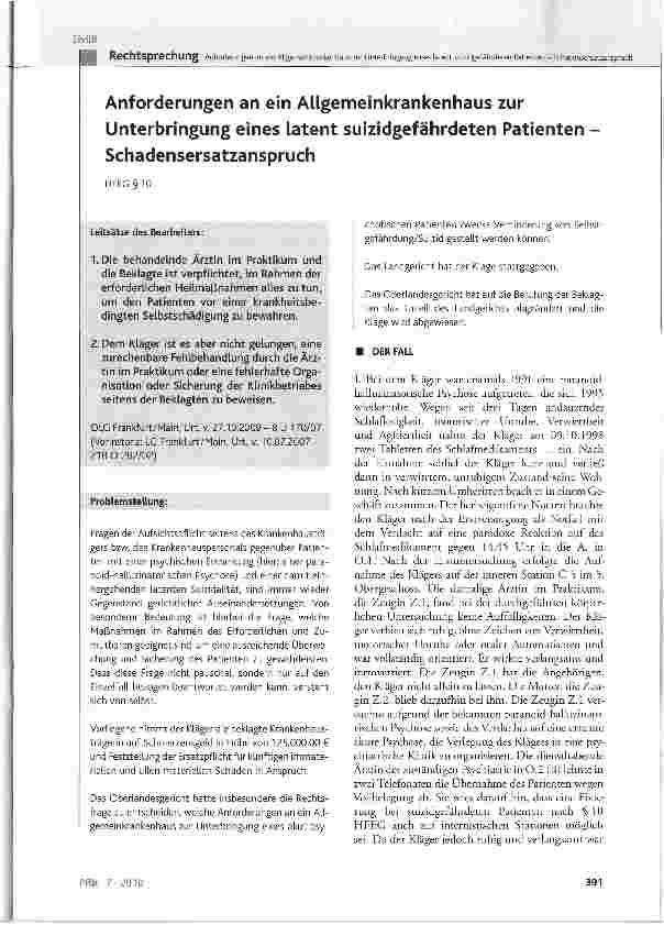Vorschauseite 1: Anforderungen an ein Allgemeinkrankenhaus zur Unterbringung eines latent suizidgefährdeten Patienten Schadensersatzanspruch