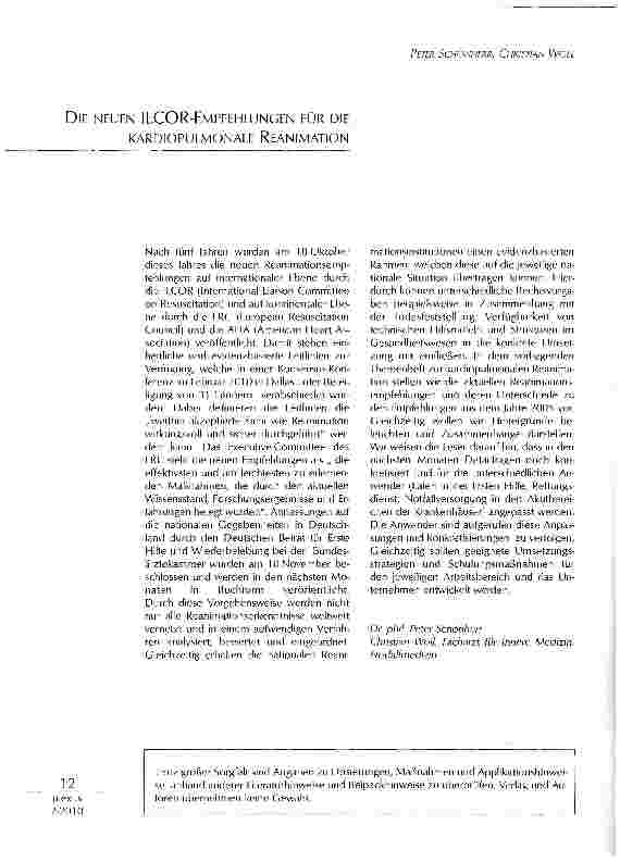 Vorschauseite 1: DIE NEUEN ILCOR-EMPFEHLUNGEN FÜR DIEKARDIOPULMONALE REANIMATION