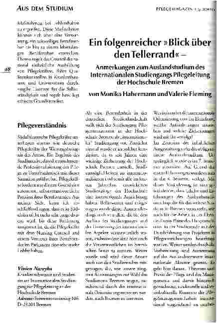 Vorschauseite 1: Ein erfolgreicher Blick über den Tellerrand Anmerkungen zum Auslandstudium des Internationalen Studiengangs Pflegeleitung der Hochschule Bremen