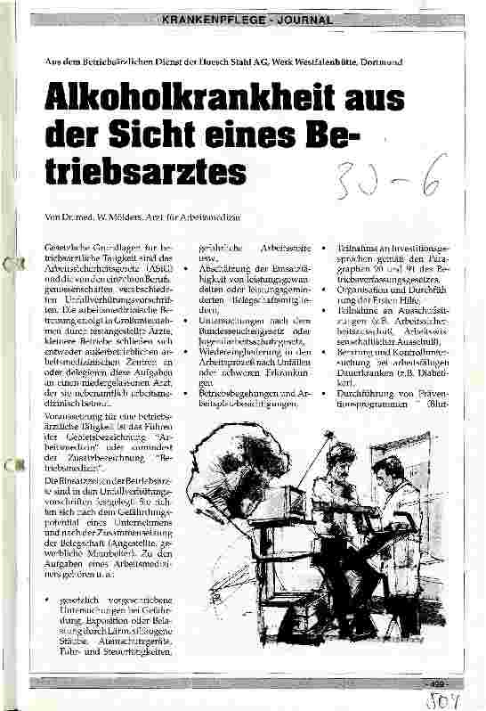 Vorschauseite 1: Alkoholkrankheit aus der Sicht eines Betriebsarztes Aus dem Betriebsärztlichen Dienst der Hoesch-Stahl AG,