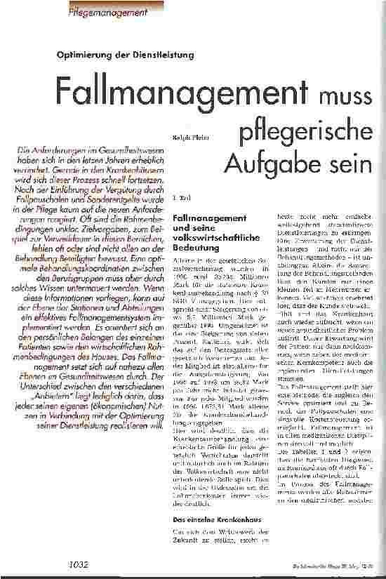 Vorschauseite 1: Fallmanagement muss pflegerische Aufgabe sein Optimierung der Dienstleistung