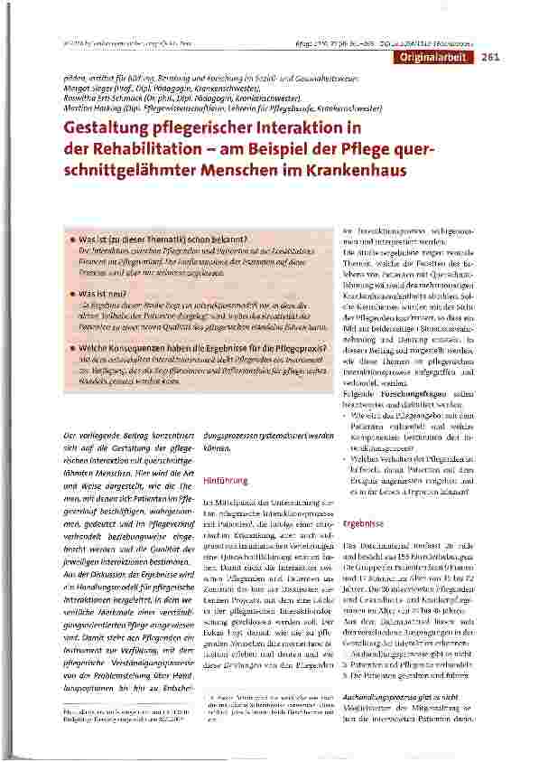 Vorschauseite 1: Gestaltung pflegerischer Interaktion in der Rehabilitation - am Beispiel der Pflege querschnittgelähmter Menschen im Krankenhaus