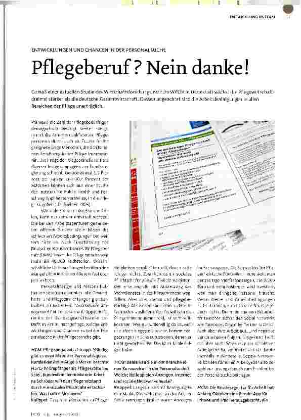 Vorschauseite 1: ENTWICKLUNGEN UND CHANCEN IN DER PERSONALSUCHEPflegeberuf ? Nein danke!
