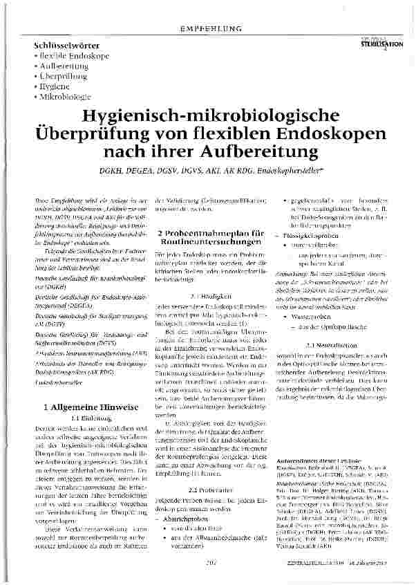Vorschauseite 1: Hygienisch-mikrobiologische Überprüfung von flexiblen Endoskopen nach ihrer Aufbereitung