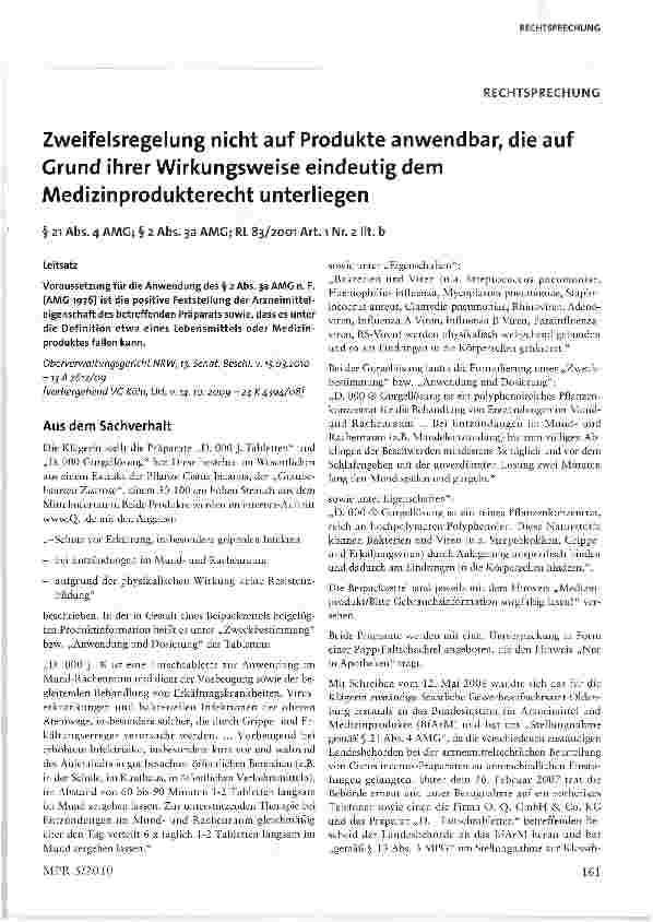 Vorschauseite 1: Zweifelsregelung nicht auf Produkte anwendbar, die auf Grund ihrer Wirkungsweise eindeutig dem Medizinprodukterecht unterliegen