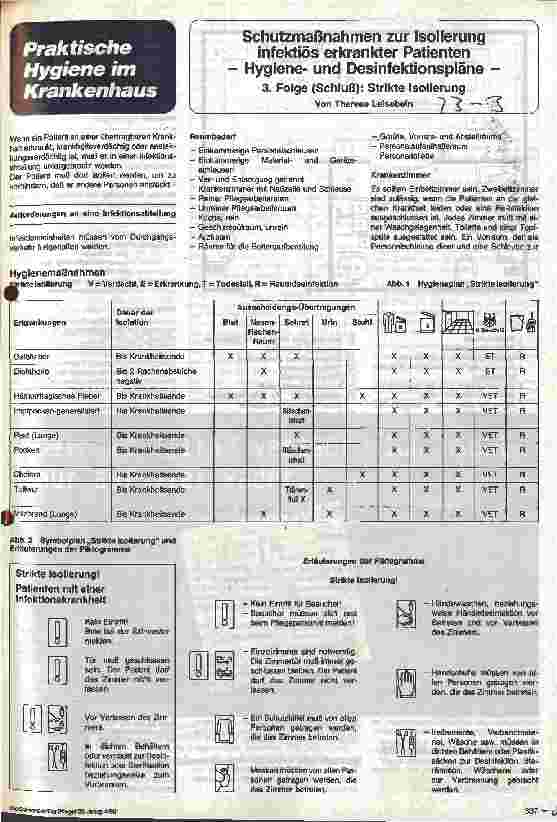 Vorschauseite 1: Schutzmaßnahmen zur Isolierung infektiös erkrankter Patienten - Hygieneund Desinfektionspläne - 3. Folge (Schluß)