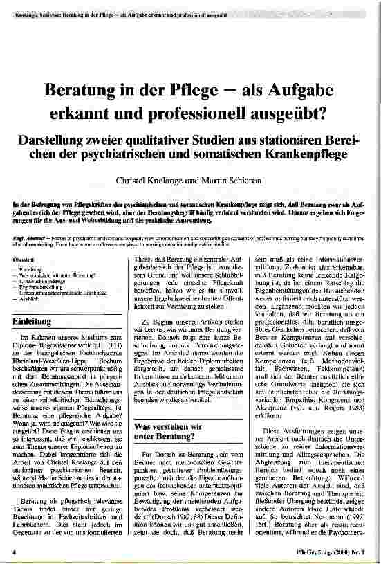 Vorschauseite 1: Beratung in der Pflege - als Aufgabe erkannt und professionell ausgeübt? Darstellung zweier qualitativer Studien aus stationären Bereichen der psychiatrischen und somatischen Kran…