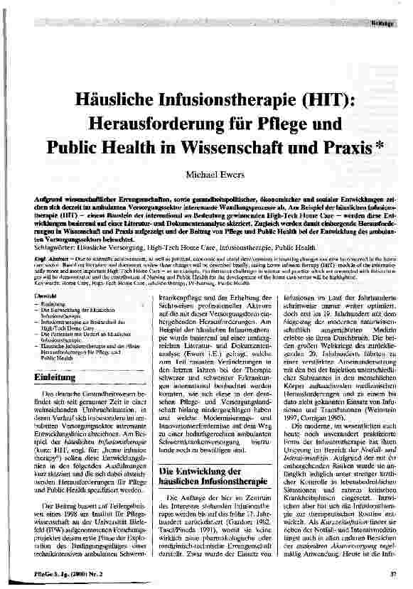 Vorschauseite 1: Häusliche Infusinonstherapie (HIT) Herausforderung für Pflege und Public Health in Wissenschaft und Praxis