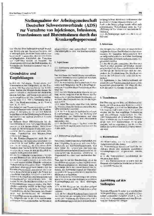 Vorschauseite 1: Stellungnahme der Arbeitsgemeinschaft Deutscher Schwesternverbände (ADS)zur Vornahme von Injektionen, Infusionen, Transfusionen und Blutentnahmen durch dasKrankenpflegepersonal