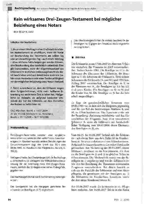 Vorschauseite 1: Kein wirksames Drei-Zeugen-Testament bei möglicher Beiziehung eines Notars