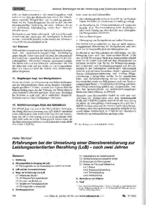 Vorschauseite 1: Erfahrungen bei der Umsetzung einer Dienstvereinbarung zur Leistungsorientierten Bezahlung (LoB) - nach zwei Jahren