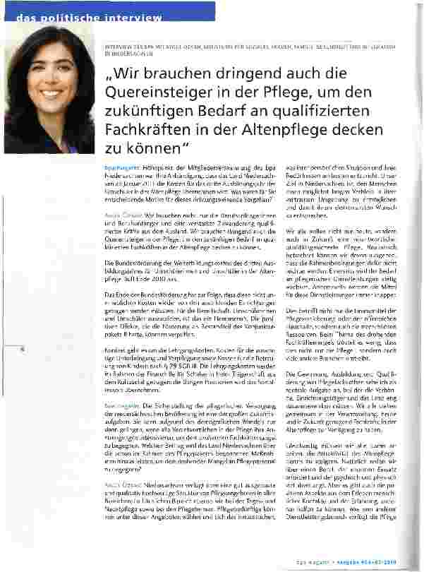 Vorschauseite 1: „Wir brauchen dringend auch die Quereinsteiger in der Pflege, um den zukünftigen Bedarf an qualifizierten Fachkräften in der Altenpflege decken zu können