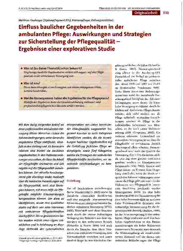 Vorschauseite 1: Einfluss baulicher Gegebenheiten in der ambulanten Pflege: Auswirkungen und Strategien zur Sicherstellung der Pflegequalität -Ergebnisse einer explorativen Studie
