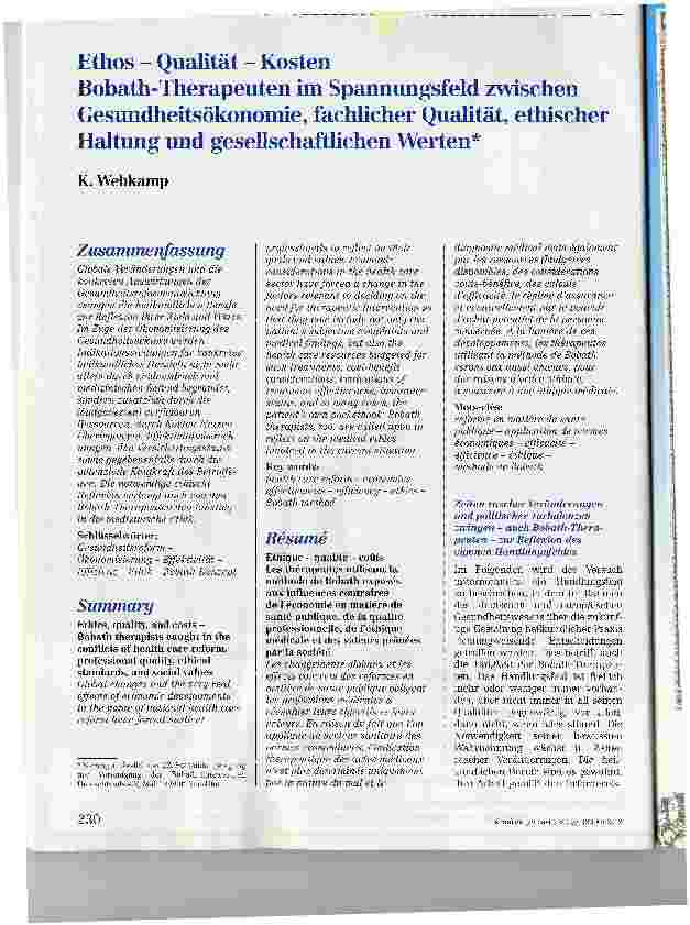Vorschauseite 1: Ethos - Qualität - KostenBobath-Therapeuten im Spannungsfeld zwischen Gesundheitsökonomie, fachlicher Qualität, ethischer Haltung und gesellschaftlichen Werten