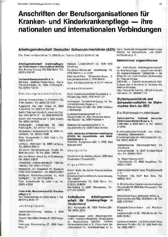 Vorschauseite 1: Anschriften der Berufsorganisationen für Kranken und Kinderkrankenpflege ihre nationalen und internationalen Verbindungen