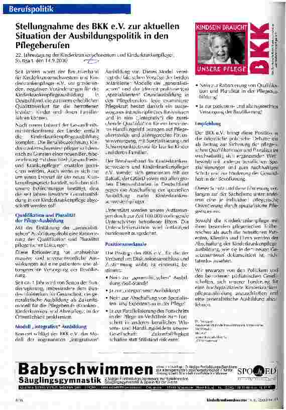 Vorschauseite 1: Stellungnahme des BKK e. V. zur aktuellen Situation der Ausbildungspolitik in den Pflegeberufen