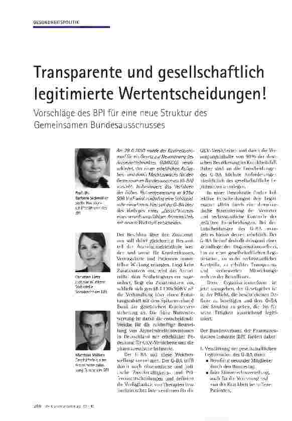 Vorschauseite 1: Transparente und gesellschaftlich legitimierte Wertentscheidungen! Vorschläge des BPI für eine neue Struktur des Gemeinsamen Bundesausschusses