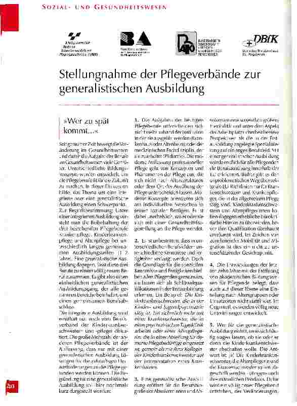 Vorschauseite 1: Stellungnahme der Pflegeverbände zur generalistischen Ausbildung