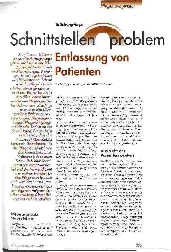 Vorschauseite 1: Schnittstellenproblem Entlassung von Patienten Fachgruppe Onkologie des DBfK, LV Bayern
