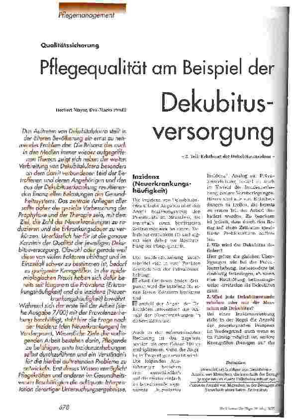 Vorschauseite 1: Pflegequalität am Beispiel der Dekubitusversorgung - 2. Teil: Erhebung der Dekubitusinzidenz -