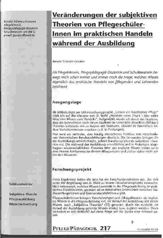 Vorschauseite 1: Veränderungen der subjektiven Theorien von PflegeschülerInnen im praktischen Hendeln während der Ausbildung