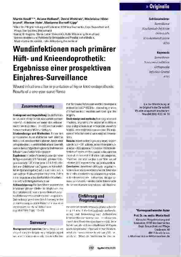 Vorschauseite 1: Wundinfektionen nach primärer Hüftund Knieendoprothetik: Ergebnisse einer prospektiven Einjahres-Surveillance