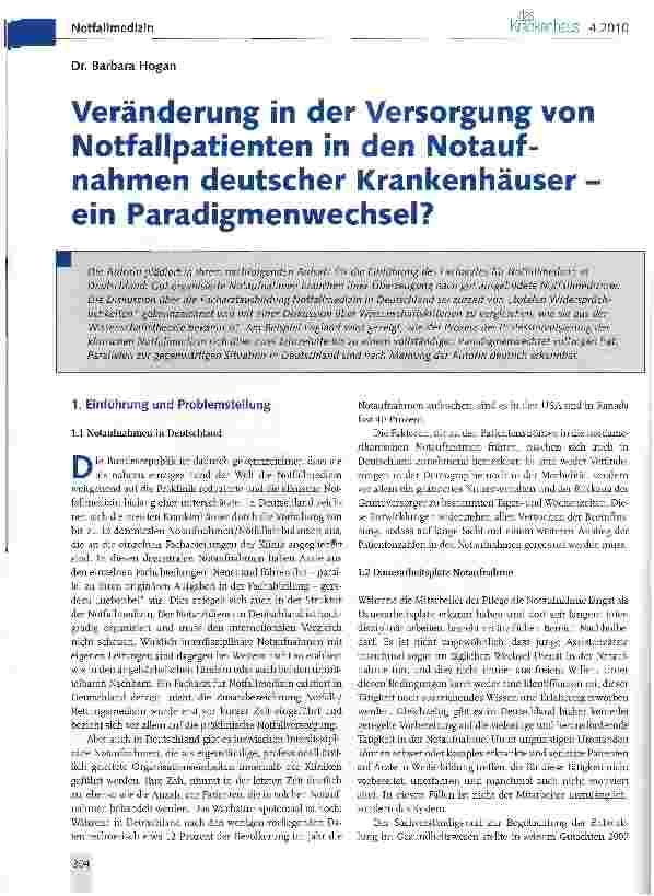 Vorschauseite 1: Veränderung in der Versorgung von Notfallpatienten in den Notaufnahmen deutscher Krankenhäuser -ein Paradigmenwechsel?