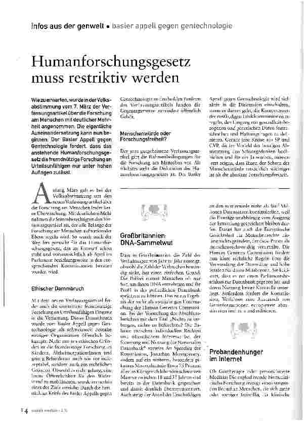 Vorschauseite 1: Humanforschungsgesetz muss restriktiv werden