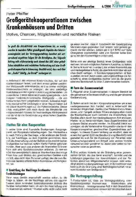 Vorschauseite 1: Großgerätekooperationen zwischen Krankenhäusern und Dritten Motive, Chancen, Möglichkeiten und rechtliche Risiken