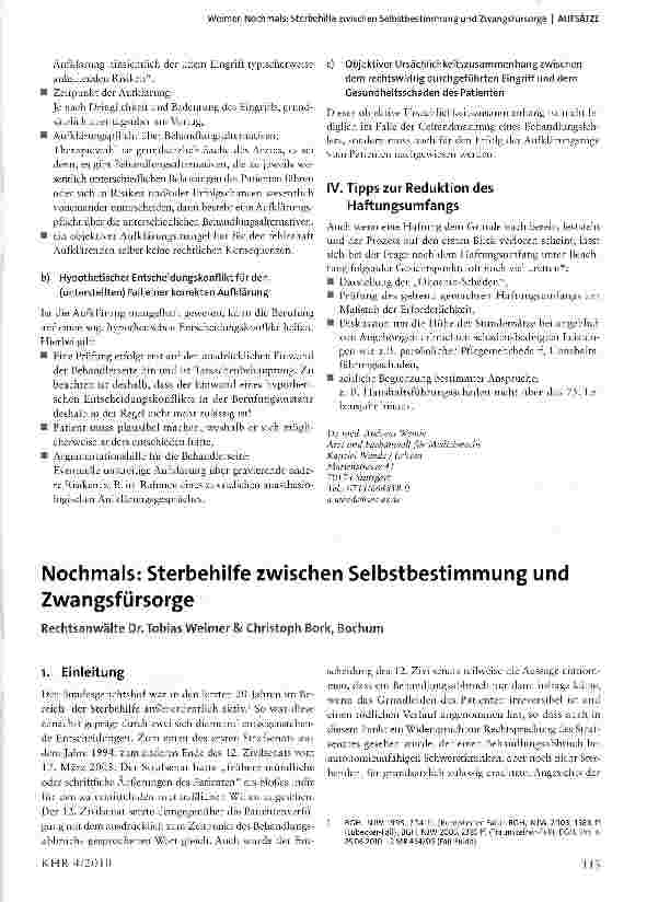 Vorschauseite 1: Nochmals: Sterbehilfe zwischen Selbstbestimmung und Zwangsfürsorge