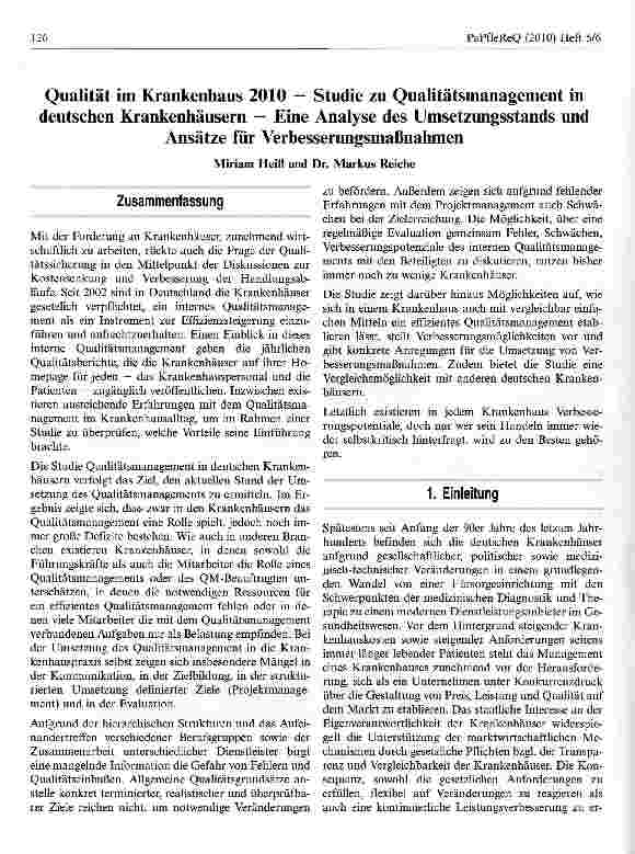 Vorschauseite 1: Qualität im Krankenhaus 2010 — Studie zu Qualitätsmanagement in deutschen Krankenhäusern — Eine Analyse des Umsetzungsstands undAnsätze für Verbesserungsmaßnahmen