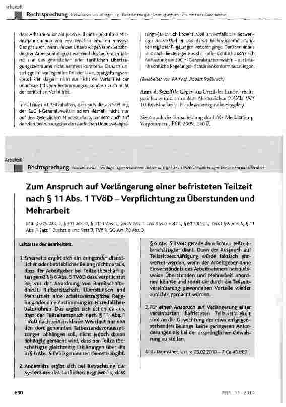 Vorschauseite 1: Zum Anspruch auf Verlängerung einer befristeten Teilzeit nach § 11 Abs. 1 TVöD-Verpflichtung zu Überstunden und Mehrarbeit