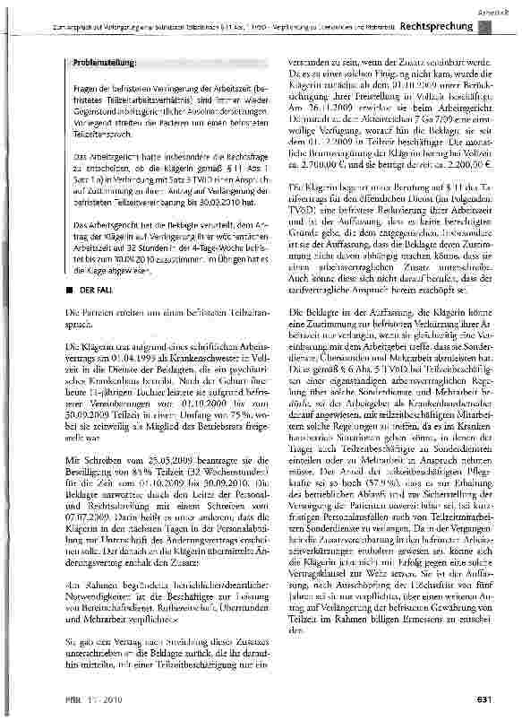 Vorschauseite 2: Zum Anspruch auf Verlängerung einer befristeten Teilzeit nach § 11 Abs. 1 TVöD-Verpflichtung zu Überstunden und Mehrarbeit