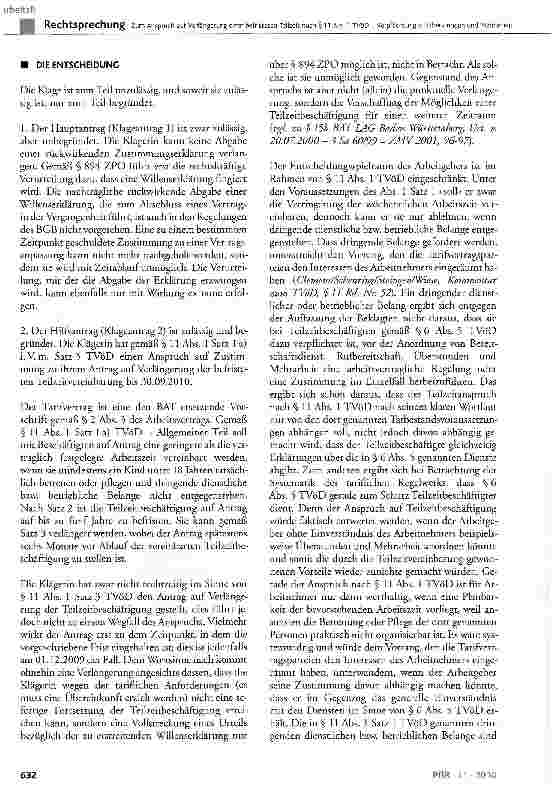 Vorschauseite 3: Zum Anspruch auf Verlängerung einer befristeten Teilzeit nach § 11 Abs. 1 TVöD-Verpflichtung zu Überstunden und Mehrarbeit