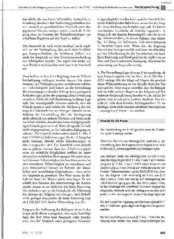 Vorschauseite 4: Zum Anspruch auf Verlängerung einer befristeten Teilzeit nach § 11 Abs. 1 TVöD-Verpflichtung zu Überstunden und Mehrarbeit
