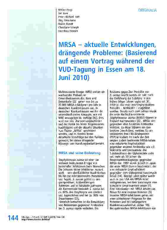 Vorschauseite 1: MRSA - aktuelle Entwicklungen, drängende Probleme: (Basierend auf einem Vortrag während der VUD-Tagung in Essen am 18. Juni 2010)