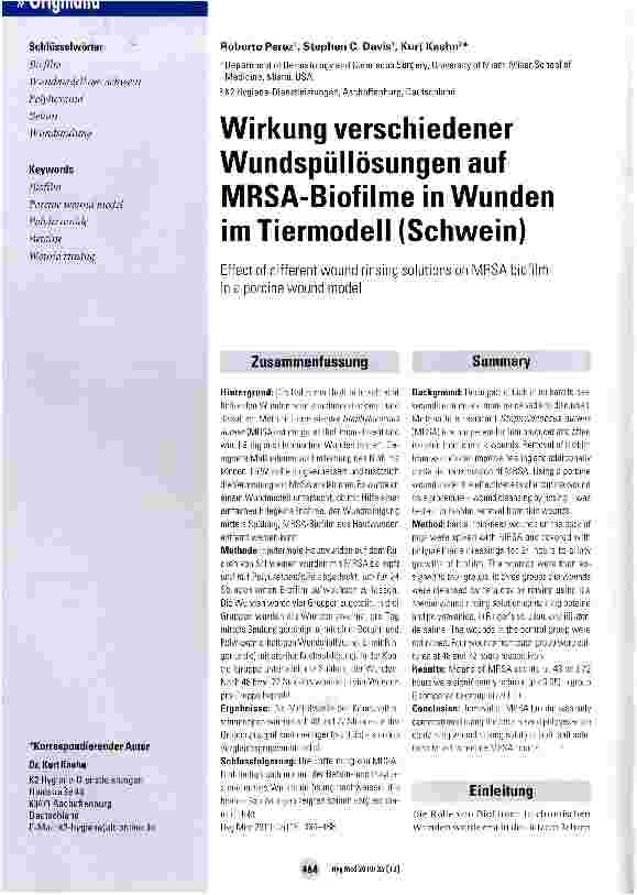 Vorschauseite 1: Wirkung verschiedener Wundspüllösungen auf MRSA-Biofilme in Wunden im Tiermodell (Schwein)