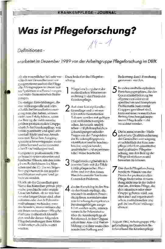 Vorschauseite 1: Was ist Pflegeforschung? Definition erarbeitet im Dezember 1989