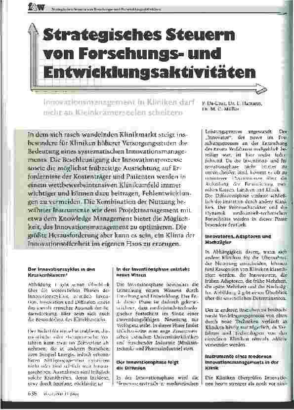 Vorschauseite 1: Strategisches Steuern von Forschungsund Entwicklungsaktivitäten Innovationsmanagement in Kliniken darf nicht an Kleinkrämerseelen scheitern