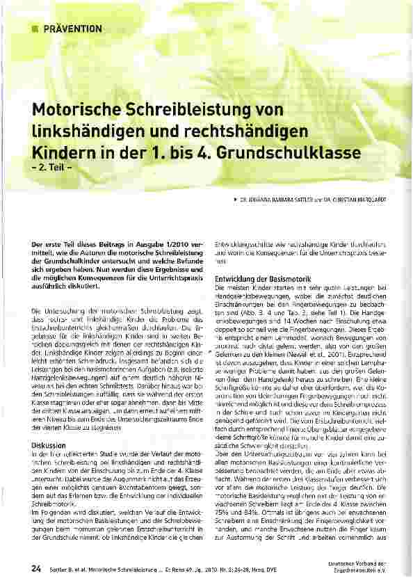 Vorschauseite 1: Motorische Schreibleistung von Linkshändigen und rechtshändigen Kindern in der 1. bis 4. Grundschulklasse-2. Teil -