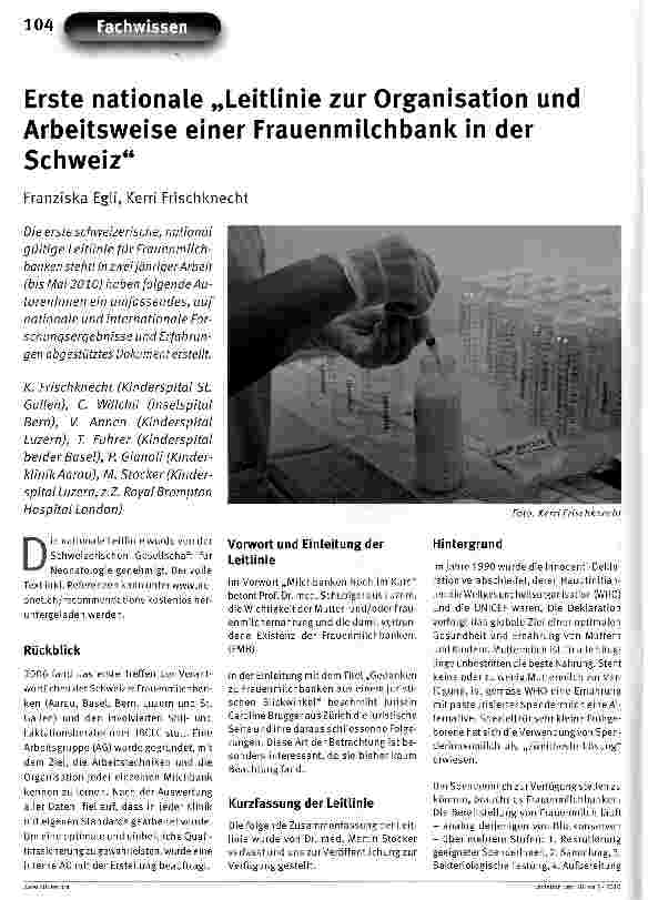 Vorschauseite 1: Erste nationale „Leitlinie zur Organisation und Arbeitsweise einer Frauenmilchbank in der Schweiz