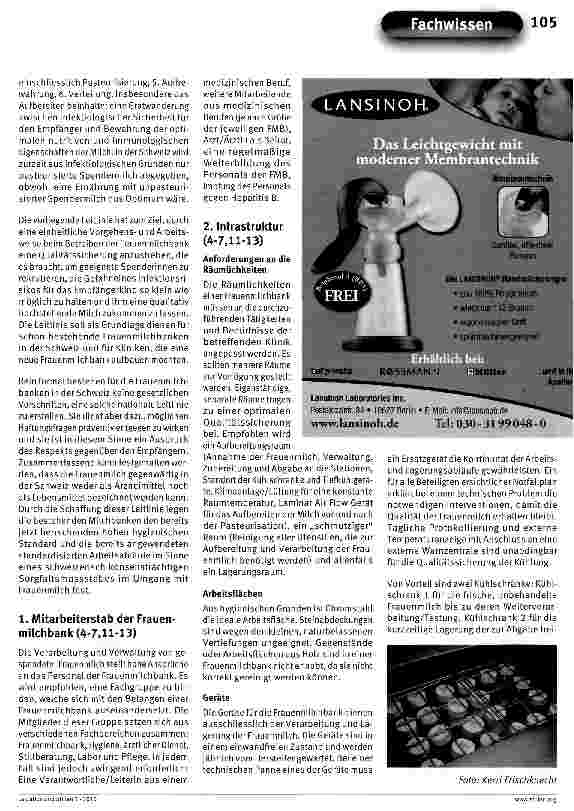 Vorschauseite 2: Erste nationale „Leitlinie zur Organisation und Arbeitsweise einer Frauenmilchbank in der Schweiz