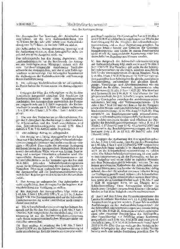 Vorschauseite 2: SGB IX § 96 Abs. 3 Satz 1, Abs. 8 u. 9; LPVG NW §40 Abs. 2 Satz 1Kosten der Schwerbehindertenvertretung -pauschale Aufwandsdeckung