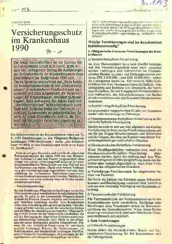Vorschauseite 1: Versicherungsschutz im Krankenhaus 1990