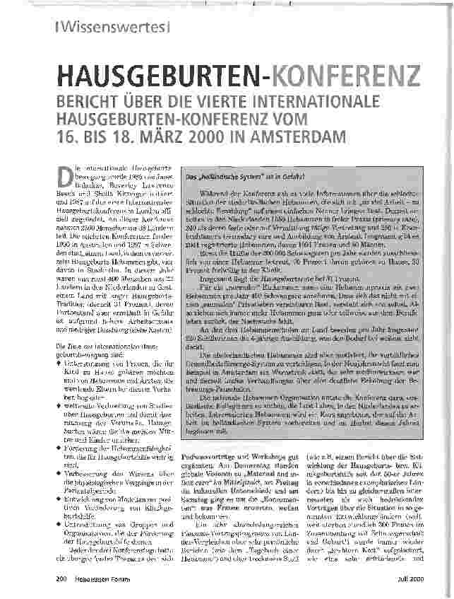 Vorschauseite 1: HAUSGEBURTEN-KONFERENZBERICHT ÜBER DIE VIERTE INTERNATIONALEHAUSGEBURTEN-KONFERENZ VOM16. BIS 18. MÄRZ 2000 IN AMSTERDAM