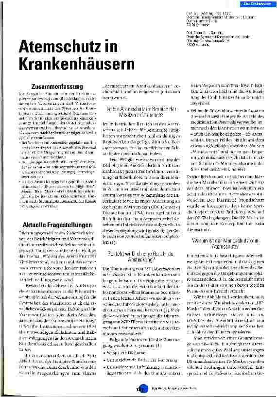 Vorschauseite 1: Atemschutz in Krankenhäusern