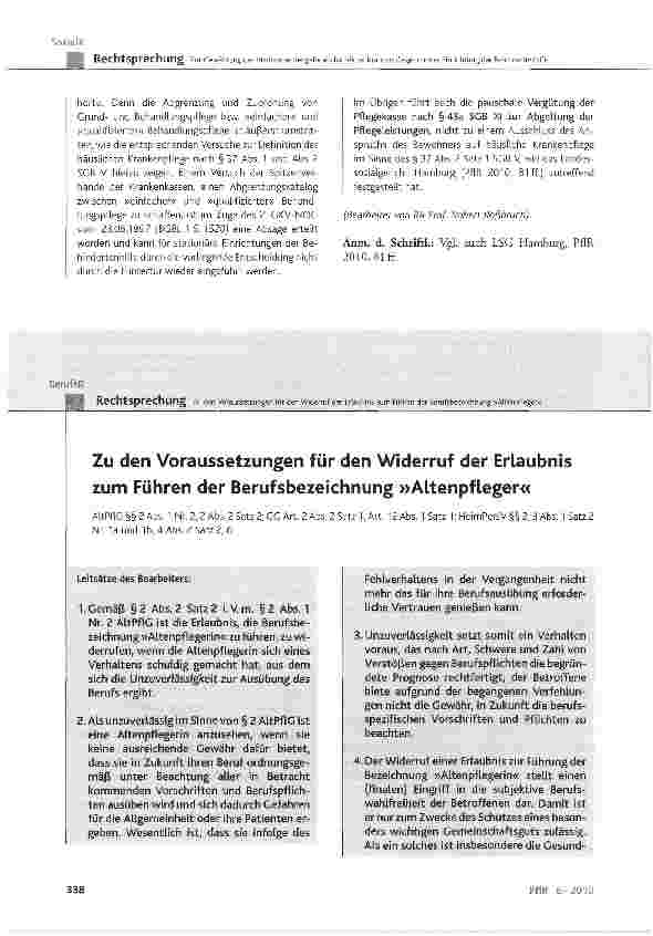 Vorschauseite 1: Zu den Voraussetzungen für den Widerruf der Erlaubnis zum Führen der Berufsbezeichnung »Altenpfleger«