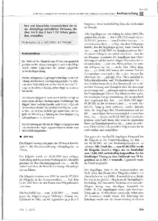 Vorschauseite 2: Zu den Voraussetzungen für den Widerruf der Erlaubnis zum Führen der Berufsbezeichnung »Altenpfleger«