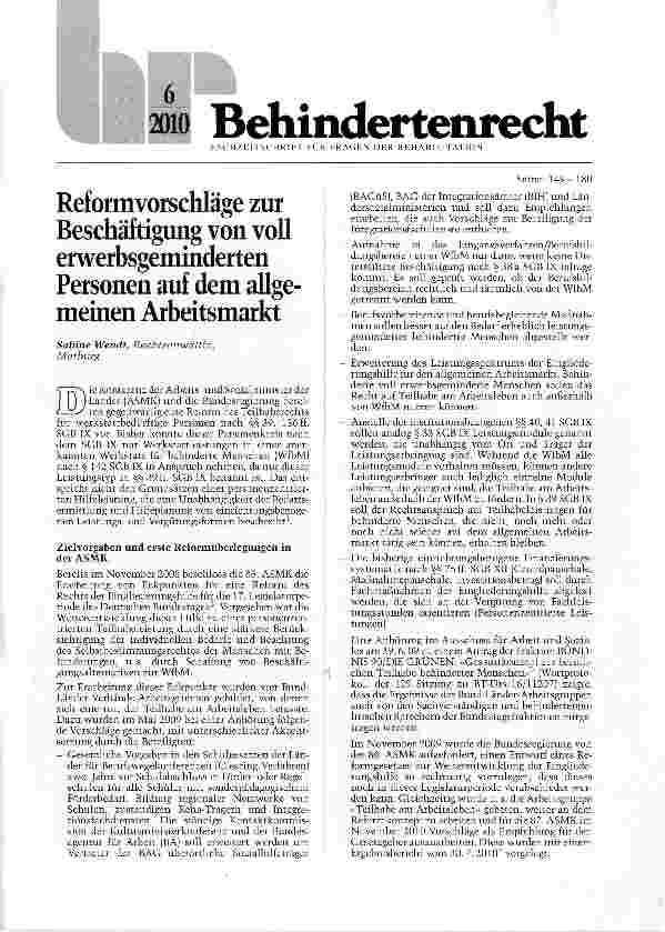 Vorschauseite 1: Reformvorschläge zur Beschäftigung von voll erwerbsgeminderten Personen auf dem allgemeinen Arbeitsmarkt