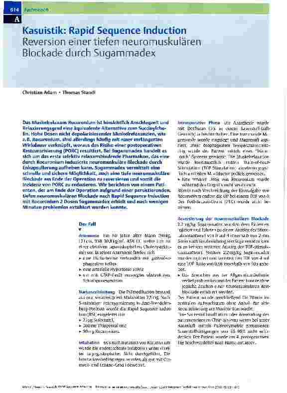 Vorschauseite 1: Kasuistik: Rapid Sequence Induction Reversion einer tiefen neuromuskulären Blockade durch Sugammadex